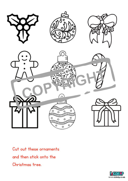 FREE Kids Christmas Tree with cut out Ornaments Printable - kidelp