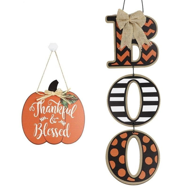 Halloween Thankful & Blessed Pumpkin Hanging Wooden Board - kidelp
